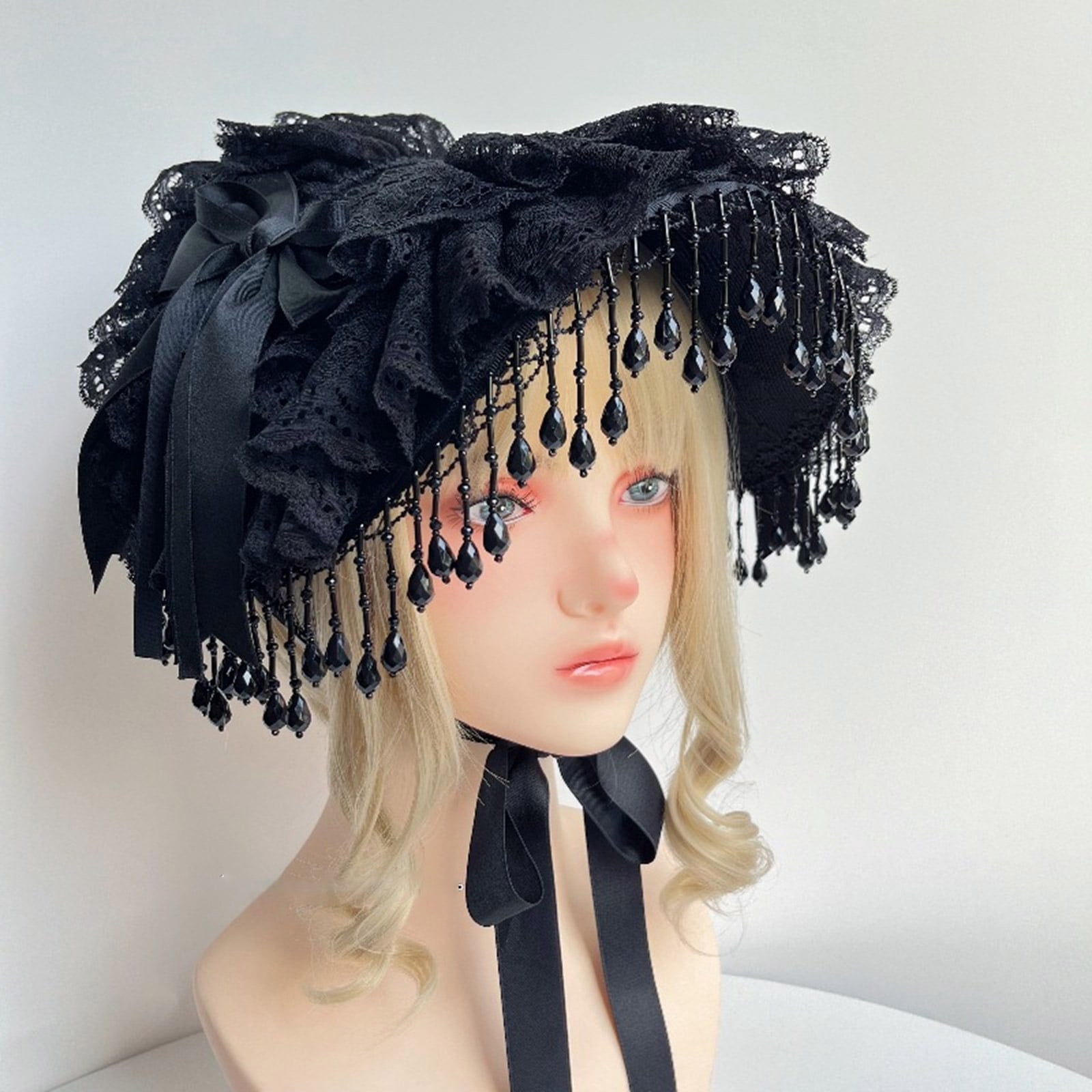 Adjustable Necktie Bonnet Hat Lace Tassels Trim Bonnet Hat For Theme Parties Women Cocktails Cosplay Event Headpiece