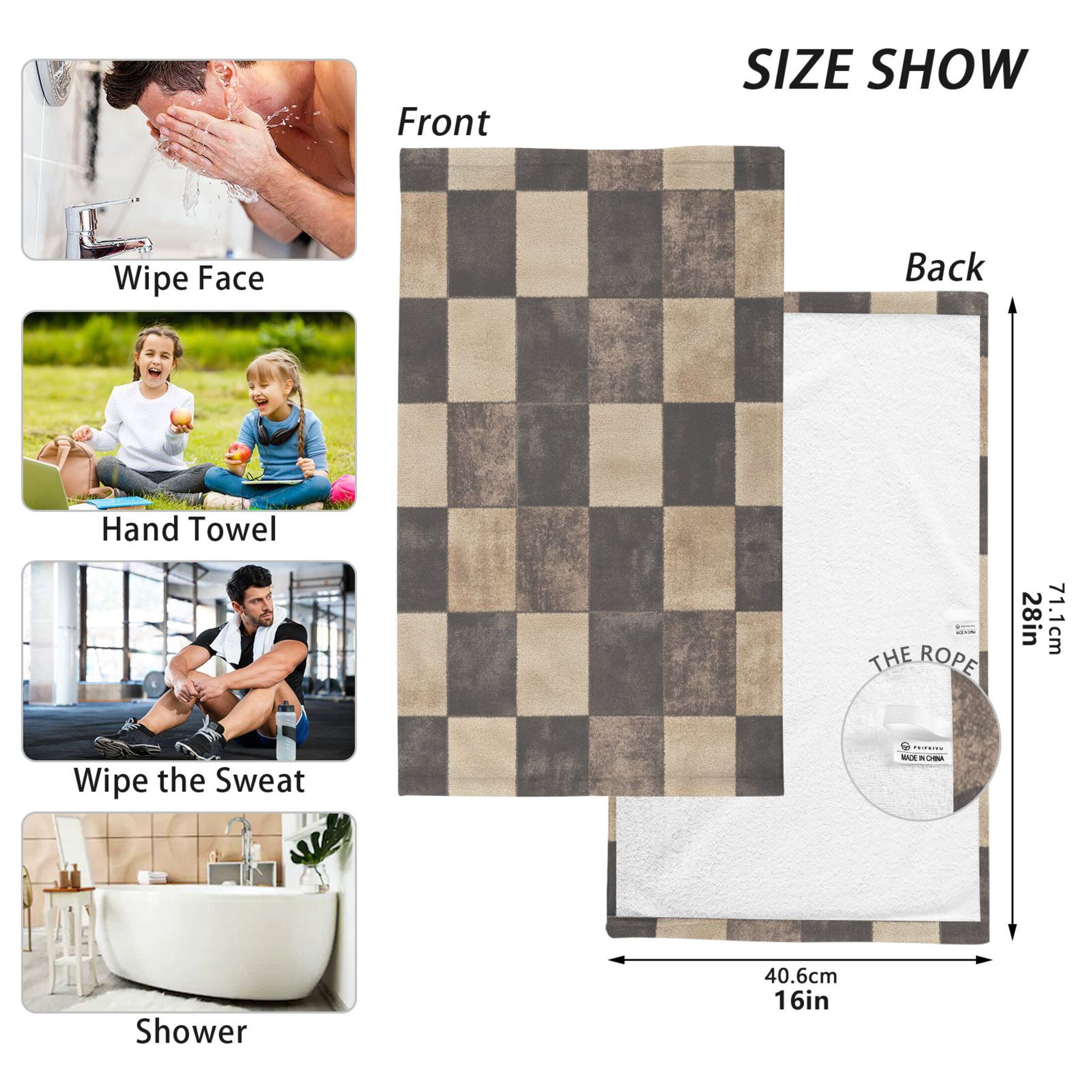 2 Pcs Absorbent Face Towel Bath Hand Towels Soft Breathable Cotton Towel Set for Bathroom Kitchen Hotel Spa Decor Brown and Black Tartan