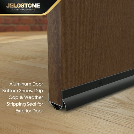 JELOSTONE U-Shaped Aluminum Door Bottom Shoes with Drip Cap(Matte Black) - Fire Rated - 1-3/4W x 1-5/16H x 36L Weather Stripping Seal for Exterior Doors, Vinyl Insert, JS-216DV