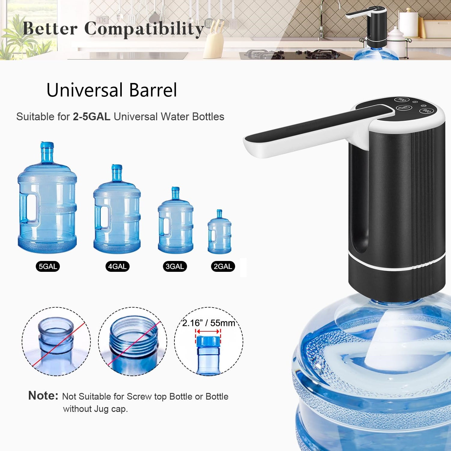 Uncahome Water Dispenser for 5 Gallon Bottle, Rechargeable Portable Electric Water Bottle Pump, Foldable Automatic Water Jug Pump for for Home, Office & Camping (Black)