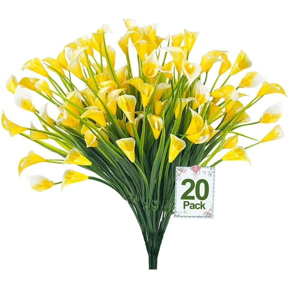 Viworld 12 Bundles Calla Lily Artificial Flowers Plants Outdoor Decorations, UV Resistant Faux Fake Plants Plastic Spring Flower Indoor Outside Hanging Planter Garden Porch Home Decor, Yellow