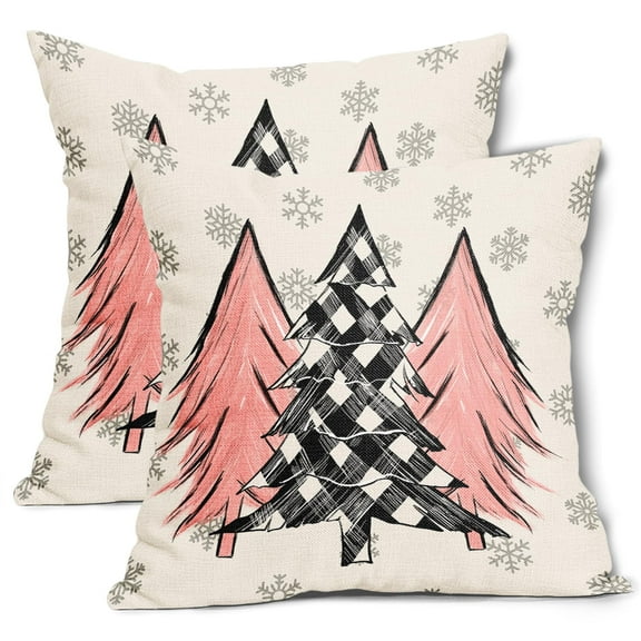 ABSOP Pink Christmas Tree Pillow Cover Set of 2 18x18 Inch Winter Snowflake Linen Decorative Throw Pillow Case Buffalo Plaid Outdoor Cushion Cover for Home Couch Sofa Decor