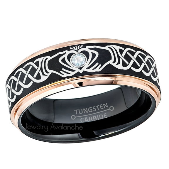 Claddagh Tungsten Ring - 2-Tone Rose Gold And Black Tungsten Carbide Wedding Band - 0.07ct Aquamarine Tungsten Ring - Personalized Tungsten Ring - Custom Made March Birthstone Ring TN779CLDs7