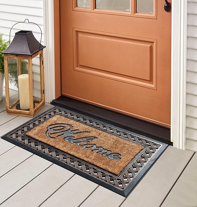 A1 Home Collections 38"×23" Natural Coir & Rubber Doormat - Decorative Welcome Design, Heavy Duty Coconut Fiber Entry Mat with Non-Slip Backing - Anti-Shed Treated, Low Profile Outdoor Front Door Mat