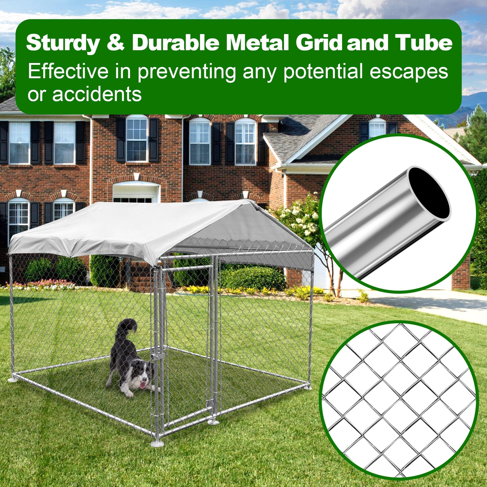 Outdoor Dog Kennel with Roof, 78.7" x 78.7", Galvanized Steel Exercise Pen for Small to Medium Dogs, 43 sq ft