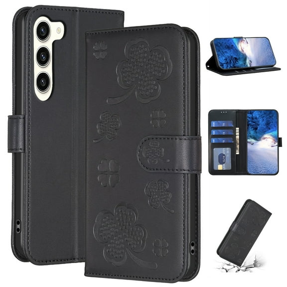 SaniMore for Samsung Galaxy S23 Wallet Case, PU Leather Embossed Flower Adjustable Stand Card Slots Cash Pocket Business Shell Styllish Full Protective Shockproof Anti-drop TPU Retro Design, Black