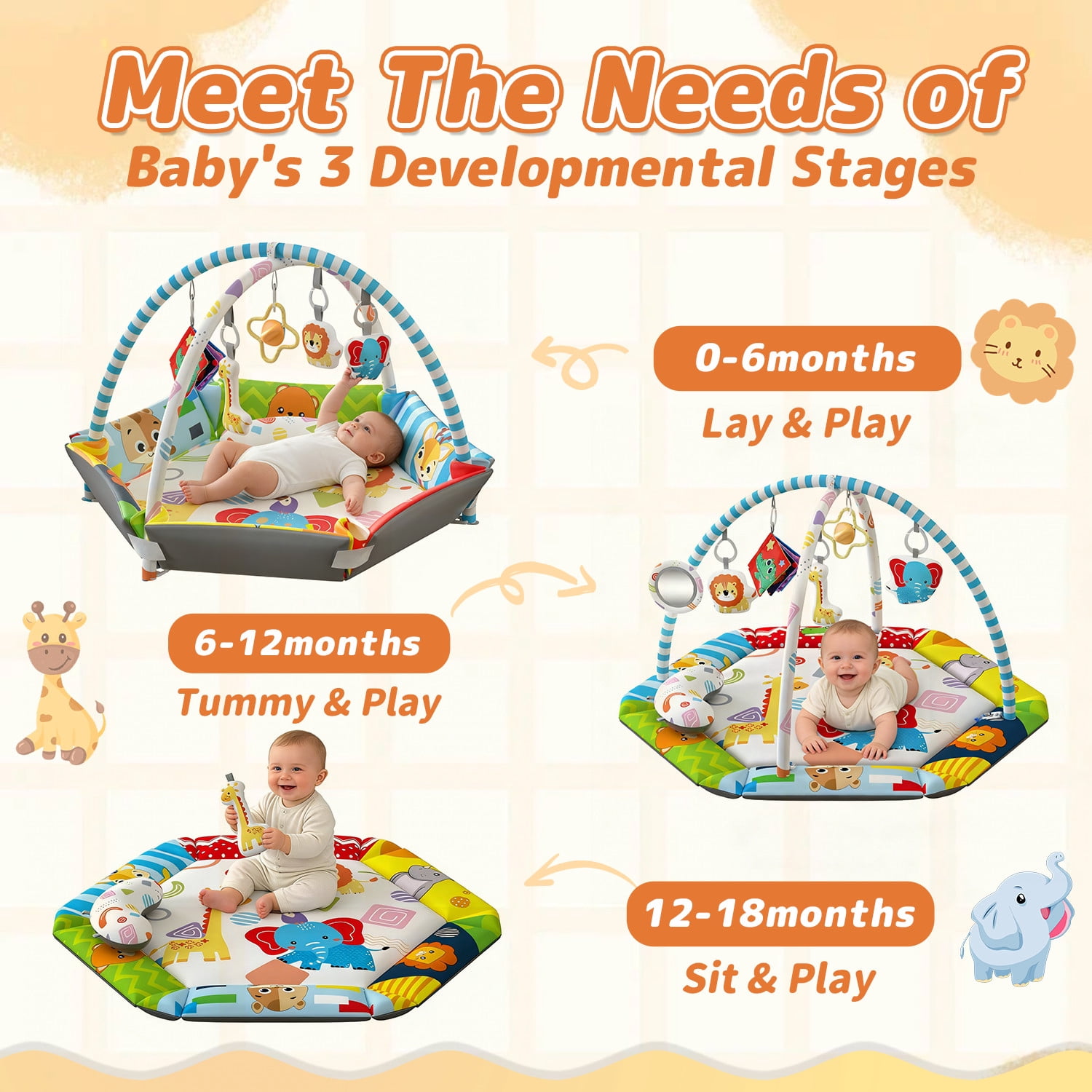 JoyStone Baby Gym Play Mat, 8-in-1 Tummy Time Mat, Infant Play Gym with 6 Detachable Toys, Washable Activity Mat & Ball Pit, Baby Toys Gift for Ages 0-18M