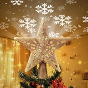 Brightown Christmas Star Tree Topper with Built-in Led Snowflake Projector Lights Hollowed Pentagram Tree Topper,Plug in Christmas Tree Ornament for Indoor Office Xmas New Year Holiday Tree Decoration