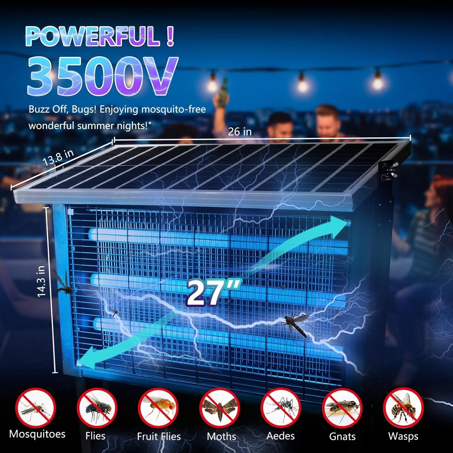 Powerful large-scale solar-powered insect killer suitable for outdoor use, covers 4000 square feet, rechargeable mosquito killer equipped with a high-power waterproof solar panel, suitable for yards