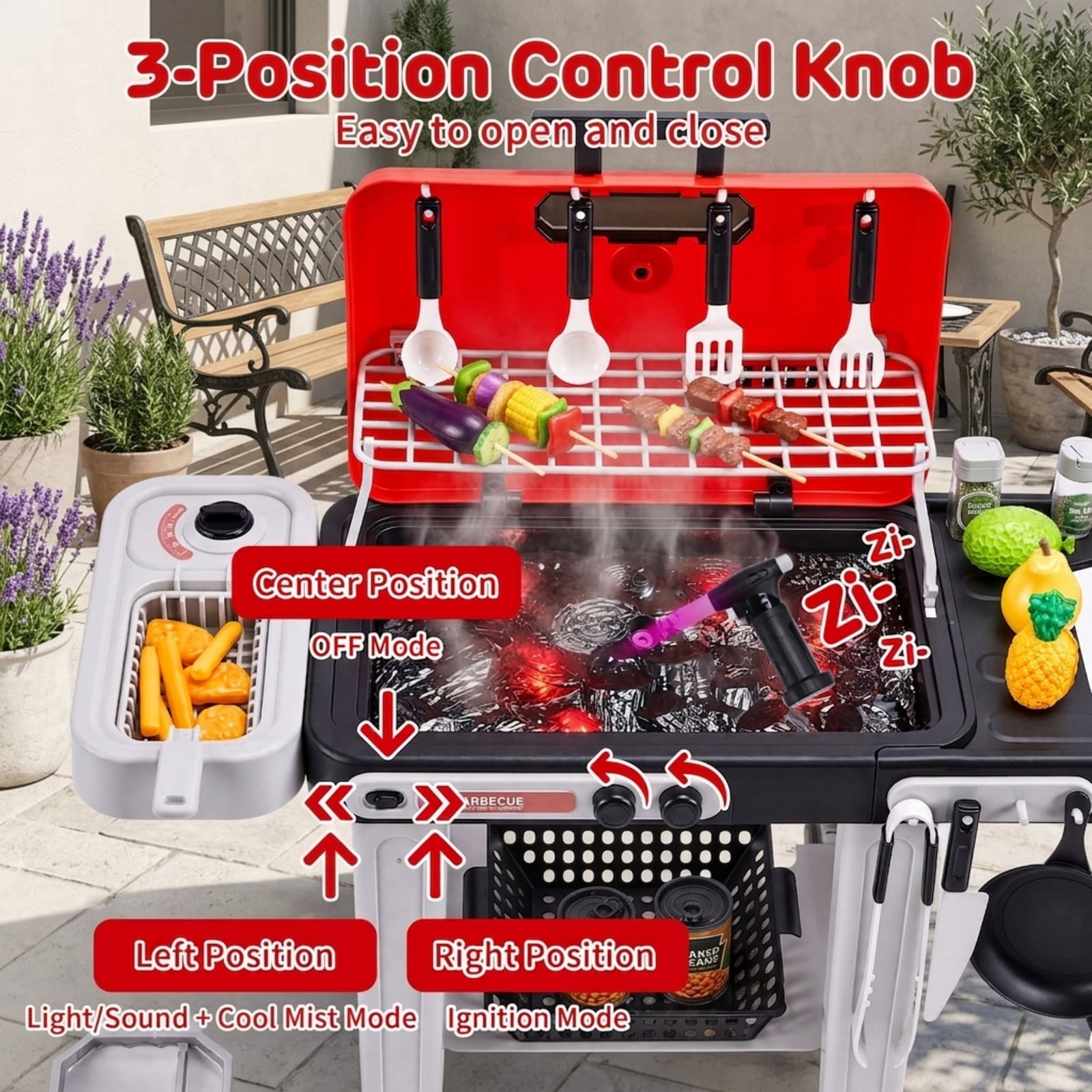 Fenbeli Kids BBQ Grill Toy with Spray Mist, Lights, Sounds and Color-Changing Play Food, Rolling Pretend Kitchen Set
