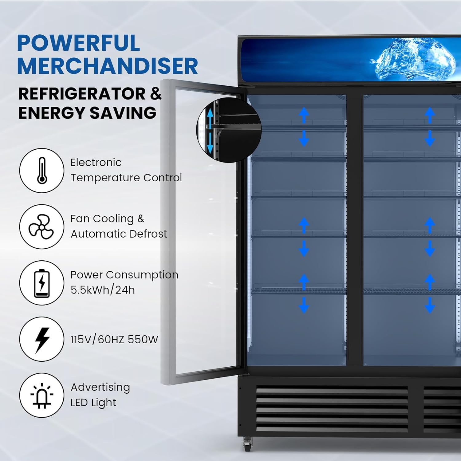 56 Cu Ft Commercial Beverage Cooler - 3 Glass Door Display Fridge, High-Capacity for Restaurant, Bar, Shop