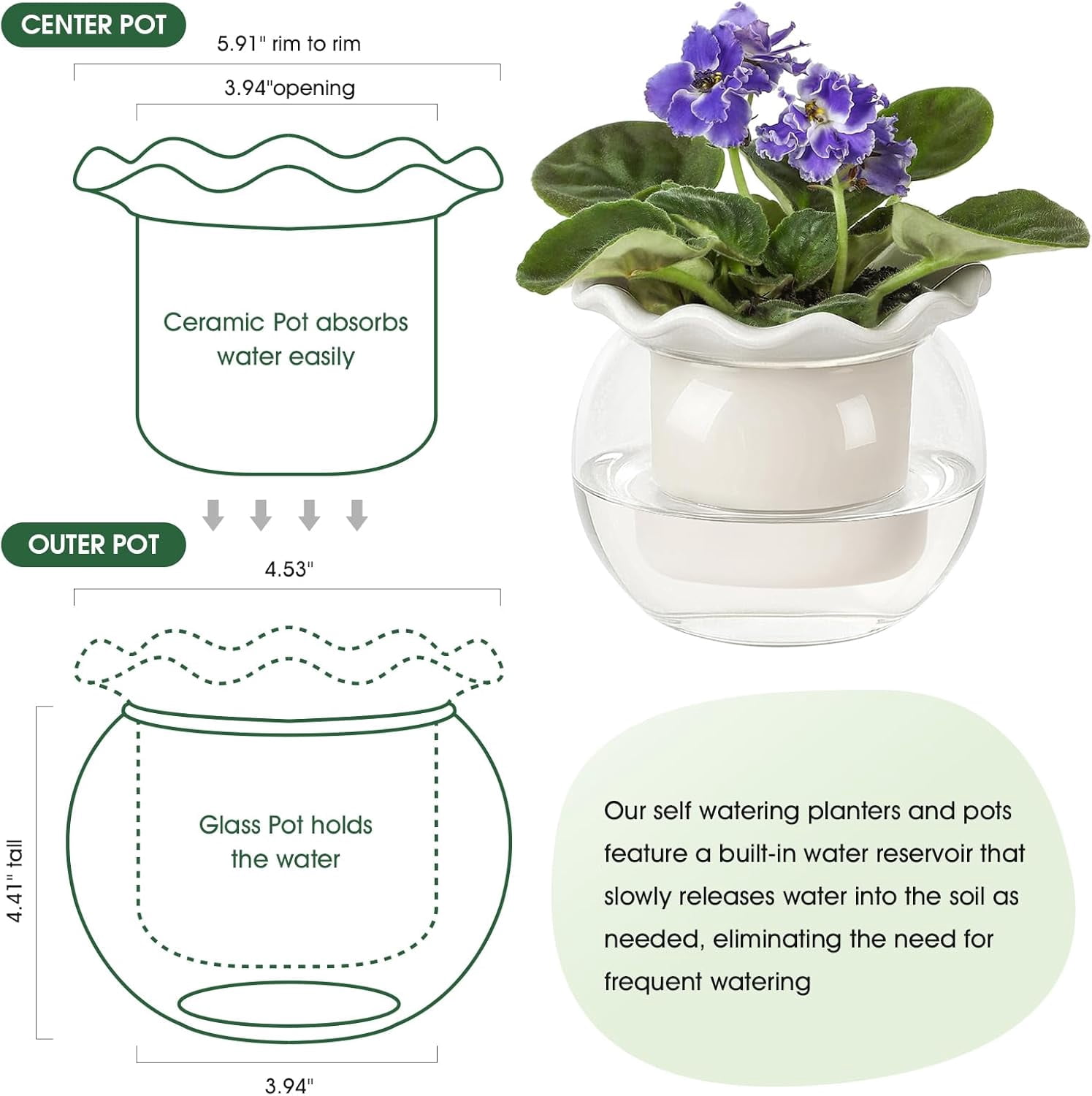 Self Watering Plant Pot, 6 Inch African Violet Pots Maintenance, Glass Self-Watering Planter for Indoor Plants - Ideal Flower Pot for Thriving Indoor Gardens