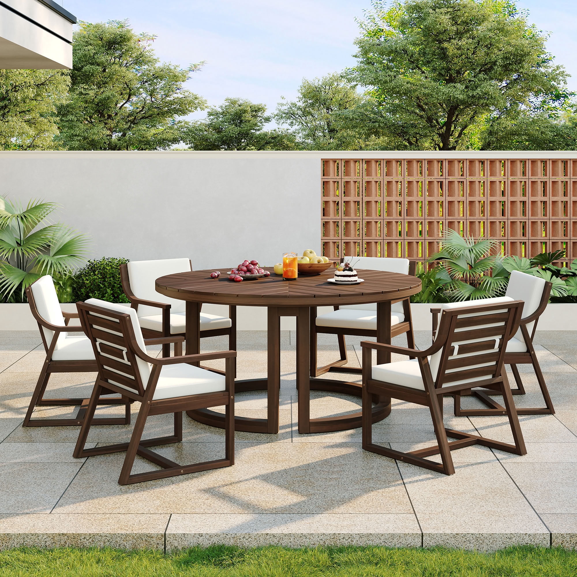 MAYEERTY Patio Dining Table Set for 6, Round Dining Table with 1.96" Umbrella Hole & Removable Cushions for Garden, Backyard and Pools