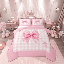 Manfei Initial M Letter Full Size Comforter Sets, Cartoon Dreamy Bowknot Bedding Comforter Set, Girly Pink Buffalo Plaid Reversible Bedding Sets, Super Cozy Room Decor, 3-Piece