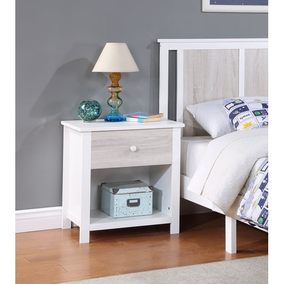 White Nightstand with Drawer - 22"W Solid Wood Bedside Table, Rockport Gray Accents, 24" Height