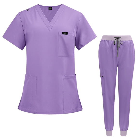 HAJWOH Light Purple Scrubs for Women Set Size1 Stretchy Nursing Uniform Short Sleeve V-Neck Scrub & Jogger Pant Solid Color Scrubs Sets with Multi Pocket Light Purple XXL