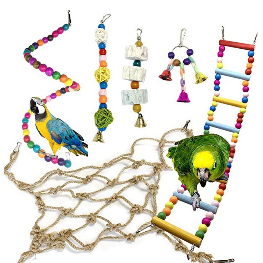 Blackzone 6Pcs Bird Parrot Toy Colorful Ball Bell Spiral Beads Rope Net Ladder Cage Swing Fun 