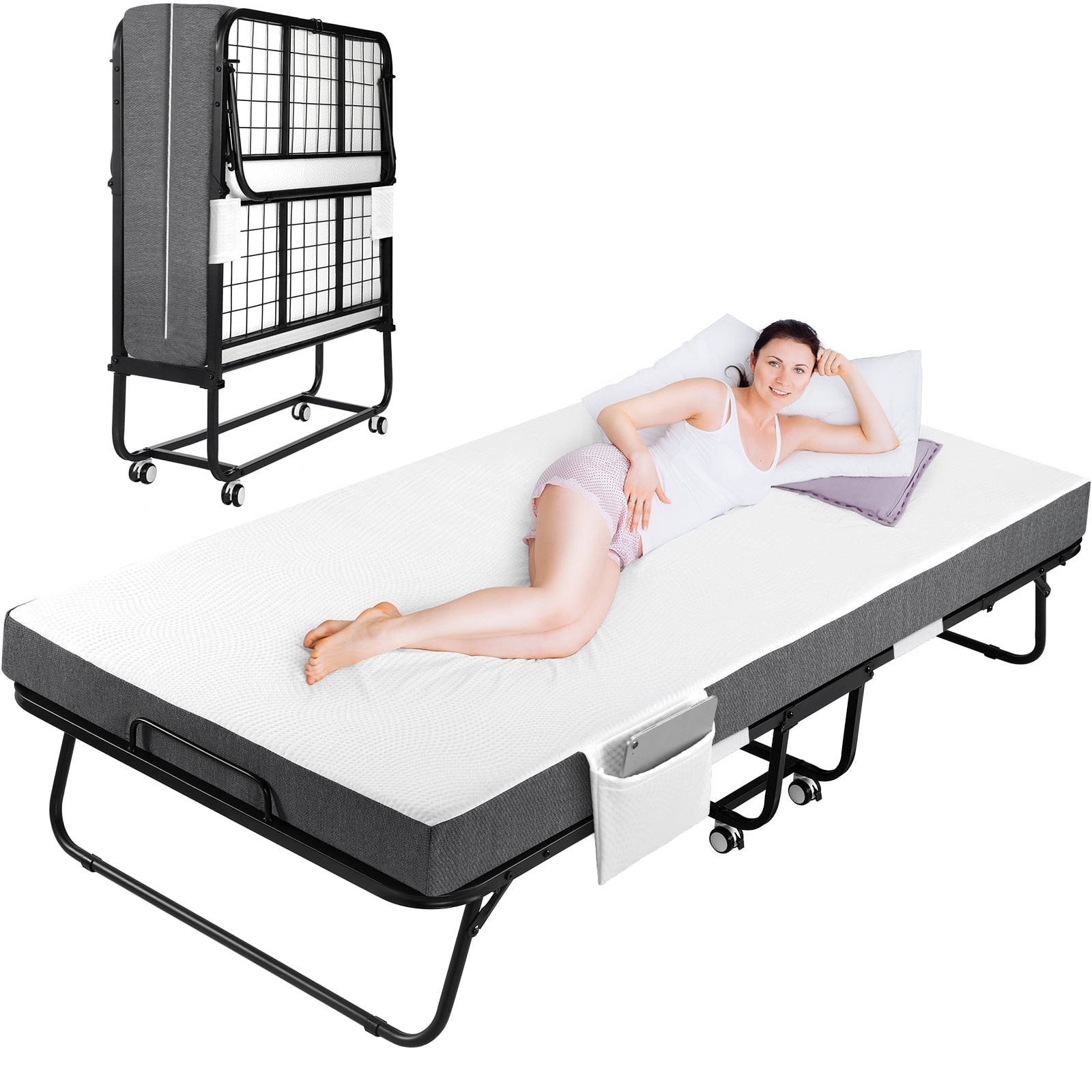 Pirecart Portable Folding Bed with Mattress  75" x 38" Twin Size Rollaway Bed, 4-Inch Memory Foam Mattress, Sturdy Metal Frame, Space-Saving Design