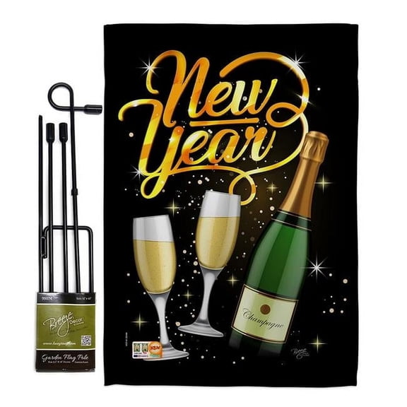 Breeze Decor BD-NE-GS-116012-IP-BO-D-US18-BD 13 x 18.5 in. Cheers To Happy New Year Winter Impressions Decorative Vertical Double Sided Garden Flag Set with Banner Pole