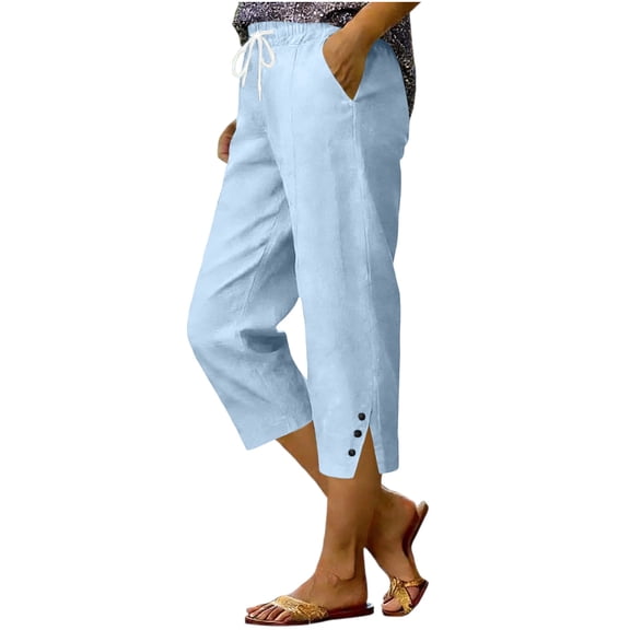 hlysgo Casual Pants for Women Wide Leg Cropped Split Linen Pants Button Trim Summer Beach Elastic Waist Capris with Pockets Light Blue,S