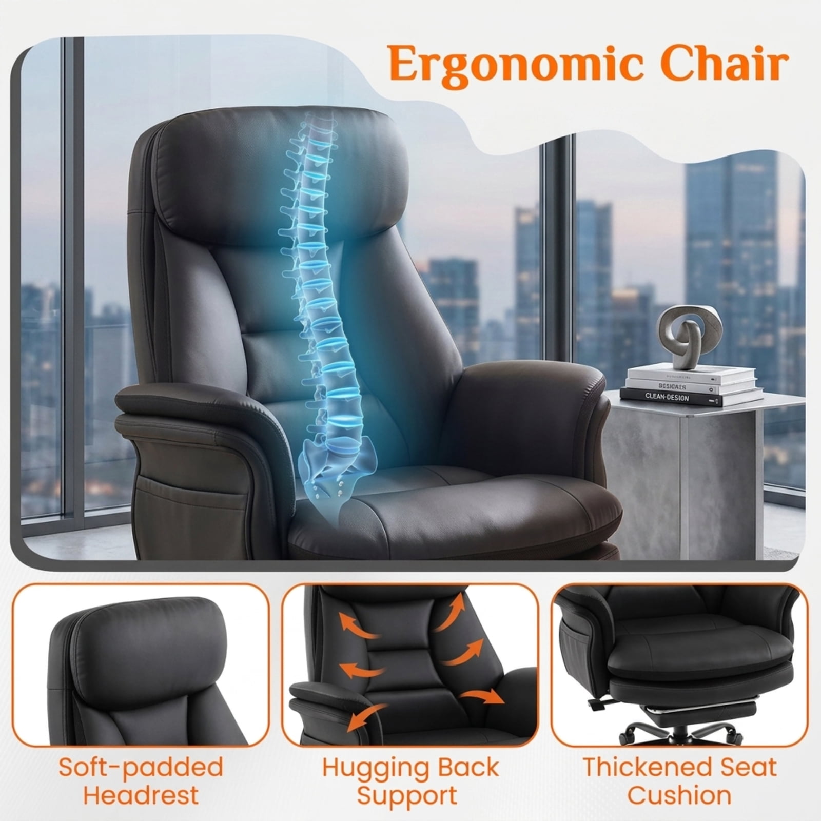Furnibear Big and Tall Ergonomic Office Chair 400 lbs High Back Wide Faux Leather Computer Chair with Retractable Footrest, Black