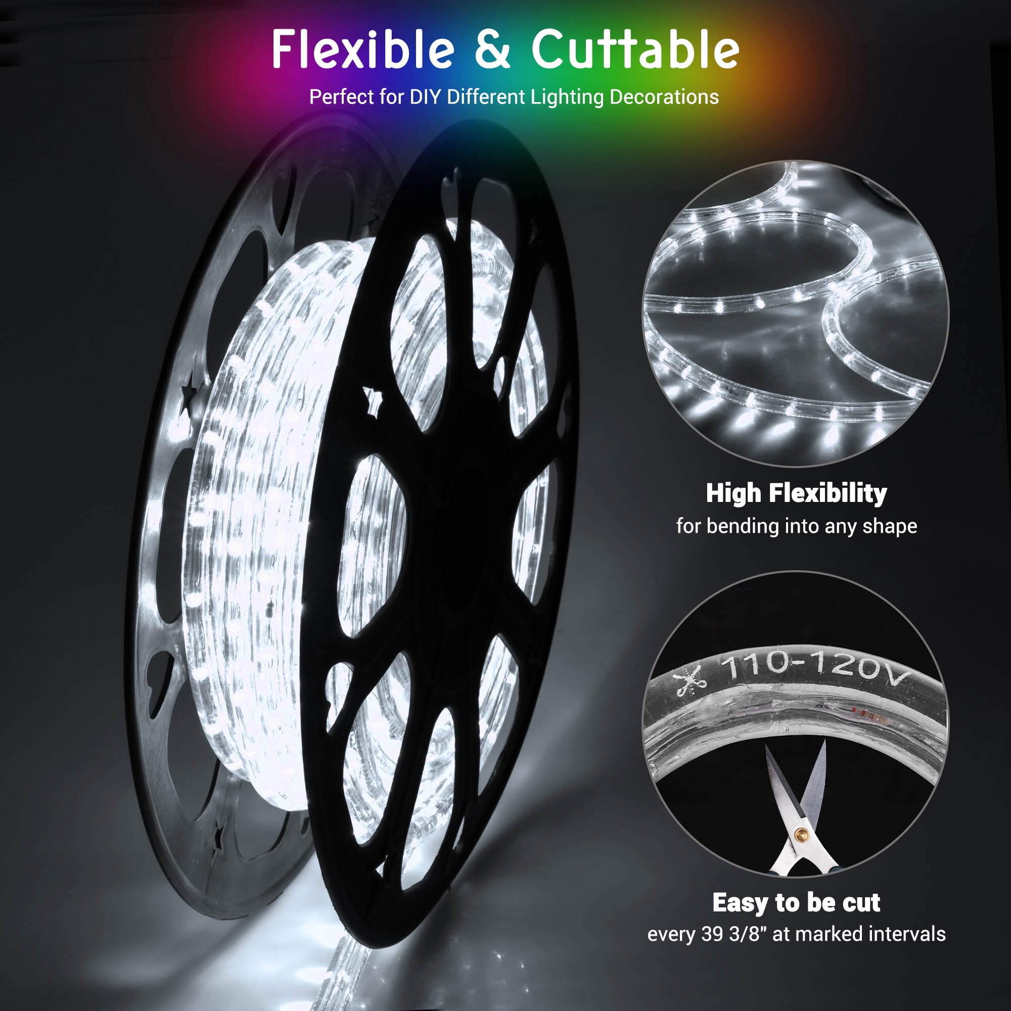 DELight 50Ft Rope Light 540 LED Waterproof String Lighting Outdoor Flexible Cuttable 2 Wire Deck Stair Backyard Pool Holiday Party Decoration White