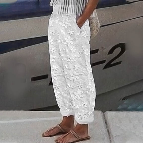 Wlynlyn Womens Capri Pants Baggy Wide Leg Cropped Summer Beach Pants Casual Pull on Pants with Pockets