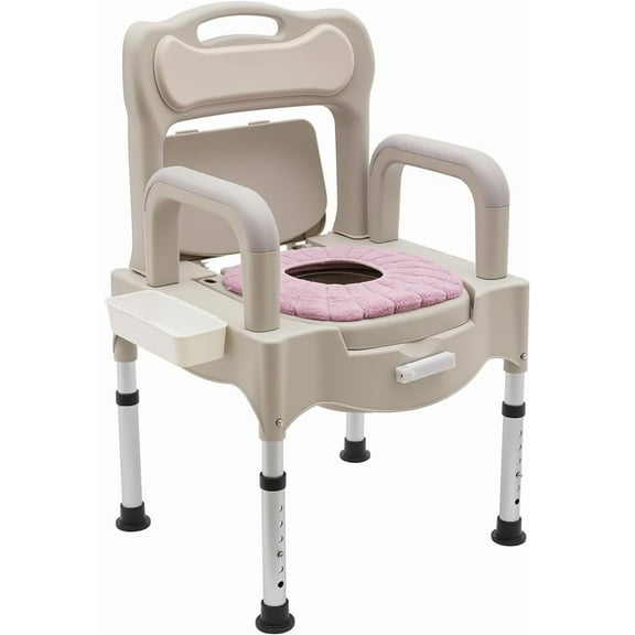 Bedside Toilet for Seniors, Adjustable Height 16.3in-21.2in, Toilet with Tissue Box, Support up to 550lbs, Commode Chair Adult Potty Chair for Home Use (Grey White with Night Light)