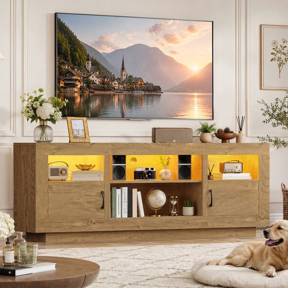 66.9" TV Stand with RGB LED Lights, Modern Entertainment Center with Drawer and Open Shelf, Media Console Table, TV Stands for Living Room & Bedroom, Nature