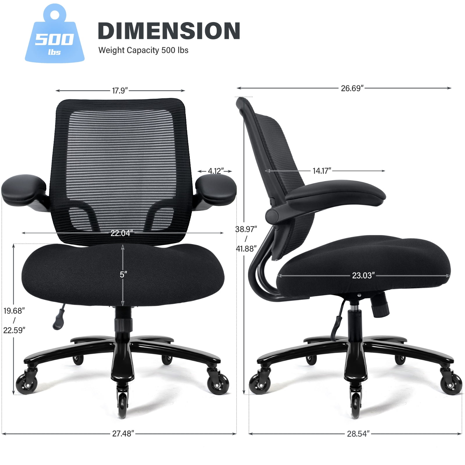 Big and Tall Office Chair 500 lbs, Heavy Duty Ergonomic Mesh Computer Chair with Wide Seat, Flip-up Armrests, Metal Base and Blade Wheels, Black