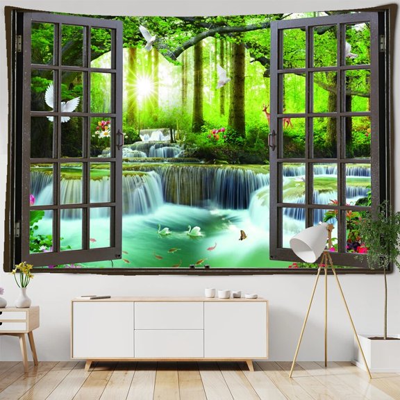 Imitation Window Forest Landscape Painting Tapestry Wall Hanging Cheap Hippie Wall Hanging