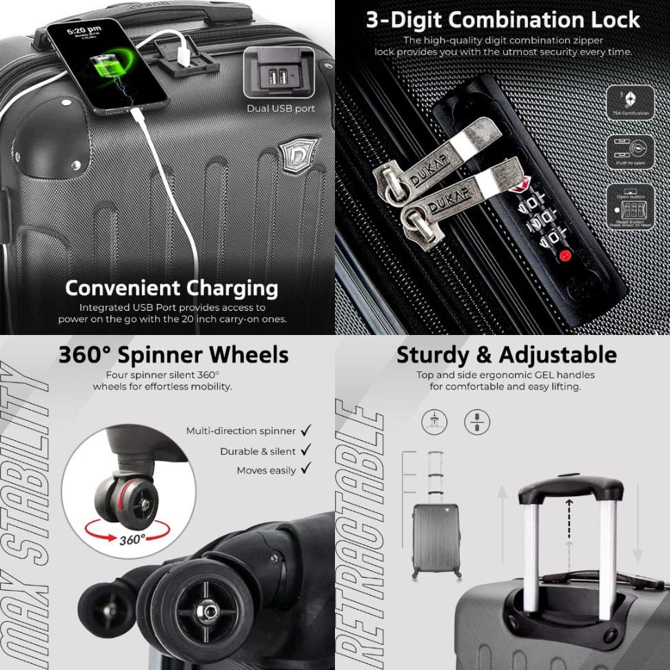 DUKAP Intely 20" Hardside Lightweight Carry-on Luggage with Spinner Wheels and USB Port, Gray