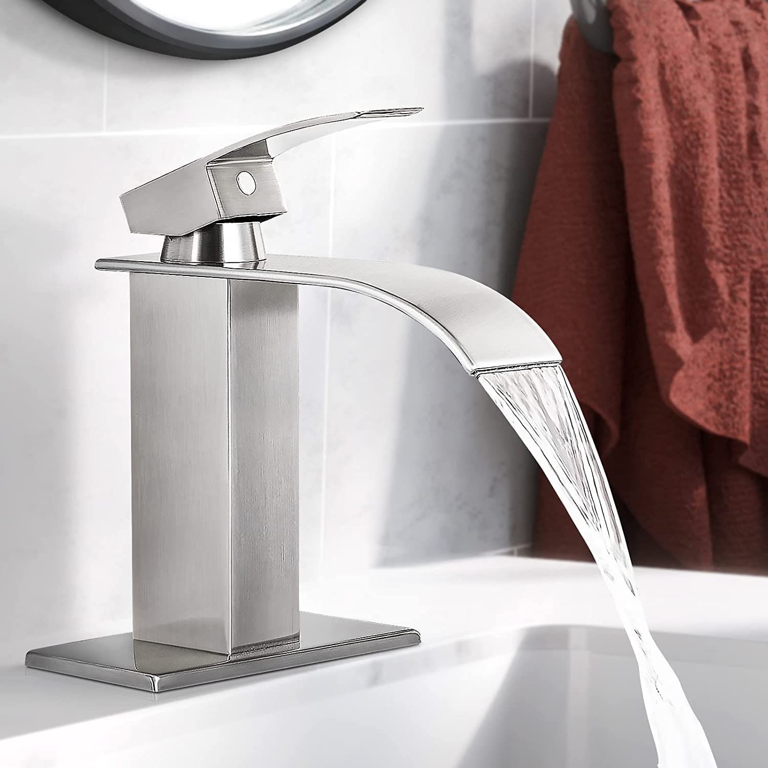 Kede Brushed Nickel Waterfall Bathroom Faucet with Pop-up Drain photo 2