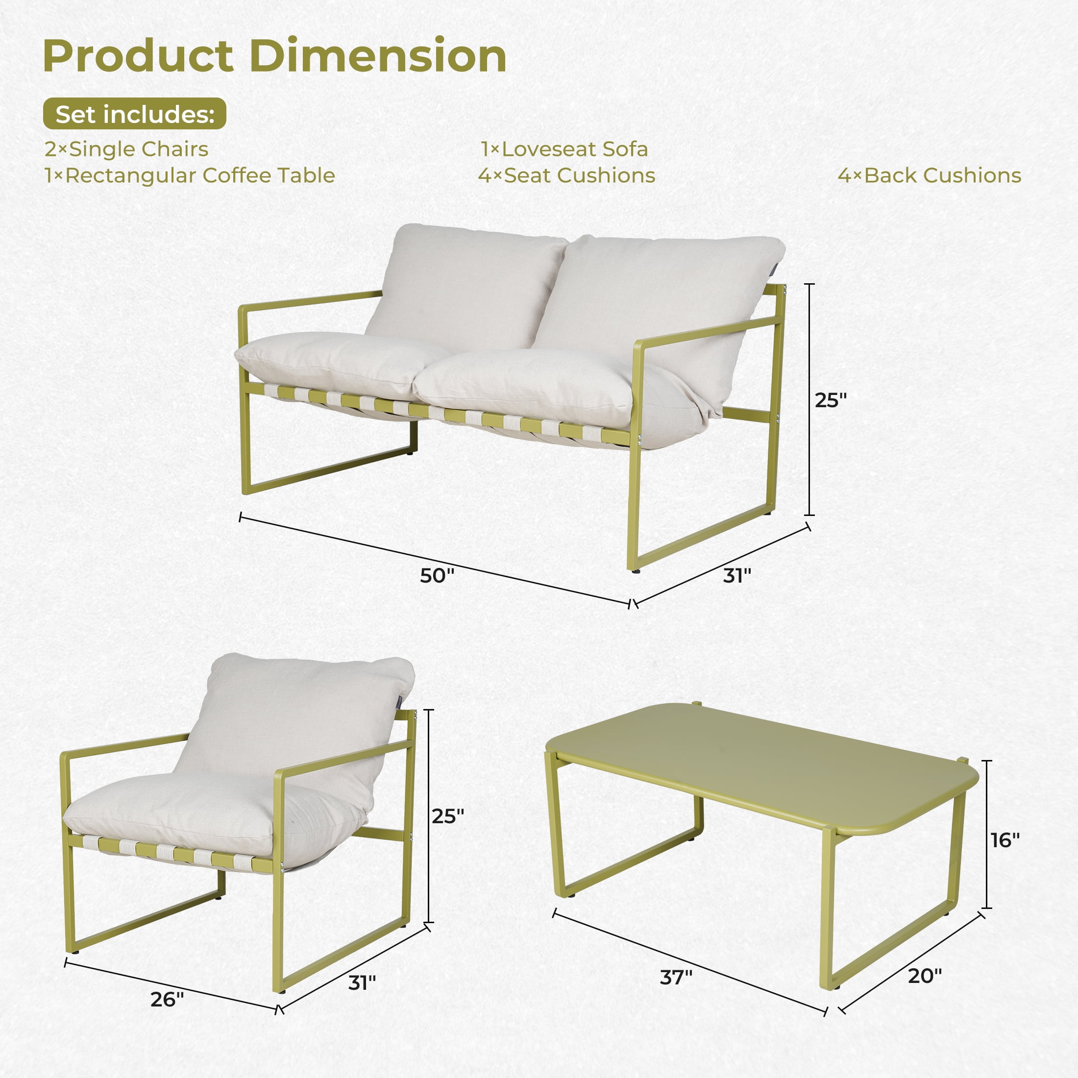 GRANDPATIO 4-Piece Patio Furniture Set All-Metal Frame Wide Webbing Outdoor Conversation Set with Olefin Cushions,Moss Green