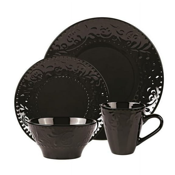Lorren Home Trends LH528 16 Piece Stoneware Scroll Dinnerware Set, Black