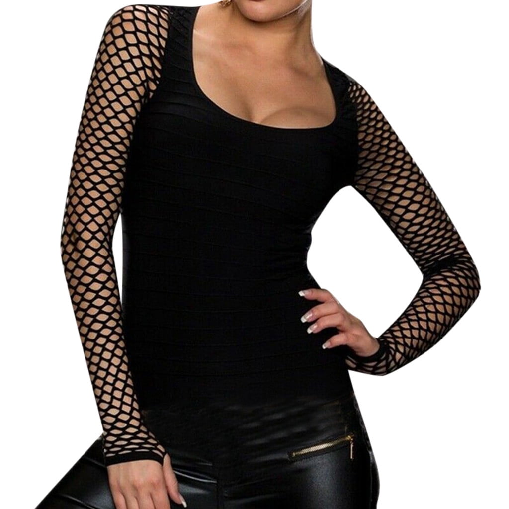 Womens Gothic Fishnet Shirt Low Cut Net Tops Punk Rock Blouse Long Sleeve Slim Tops 