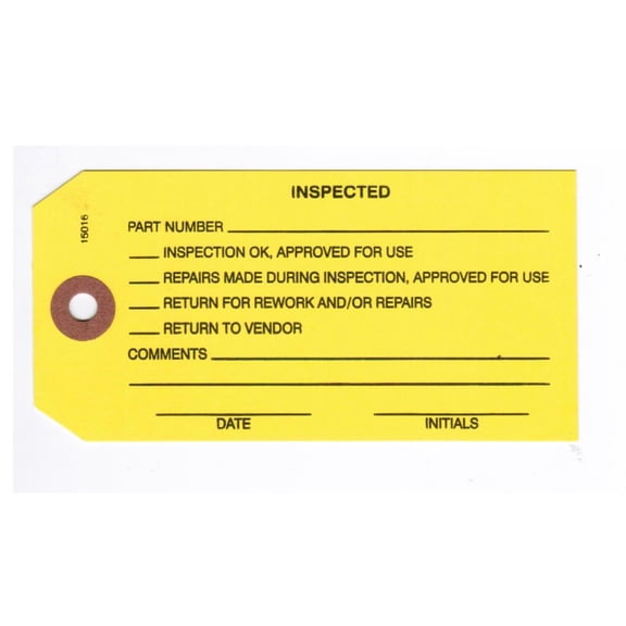 INSPECTED Control Tag w Check/Info Lines, Size No. 5 - 2-3/8" x 4-3/4", Black Print on Yellow Stock, Hole Reinforced w Fiber Patch - Box of 1,000