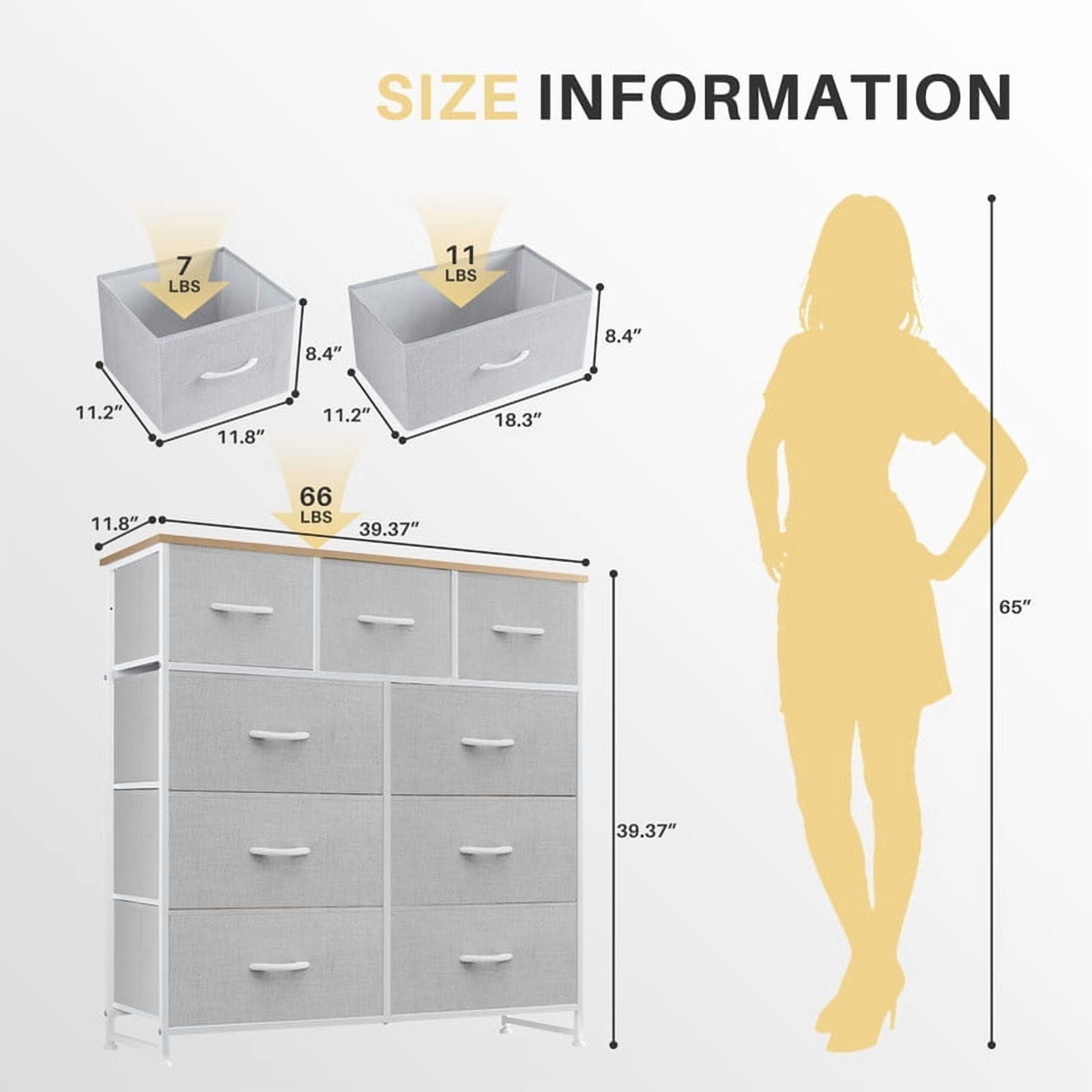 Bigleap 9 Drawers Dresser for Bedroom, Fabric Dresser with Sturdy Steel Frame, Wooden Top & Easy Pull Fabric Bins,Light Gray