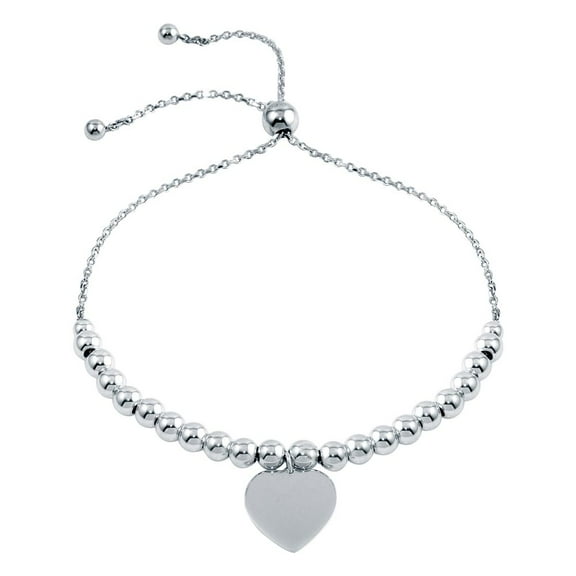 Rhodium Plated Sterling Silver Engraved Beaded Heart Lariat Bracelet
