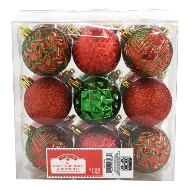 Holiday Time Shatterproof Ornaments, Red & Green, 18 Count