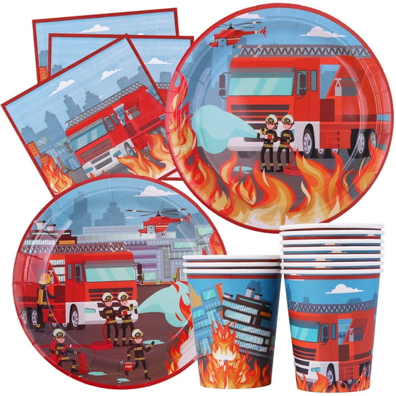 Firetruck Birthday Party Supplies Decorations, 40 Pcs Fire Truck Theme Paper Plates and Napkins Set for 10 Guests, Disposable Firefighter  Birthday Party Dinnerwares