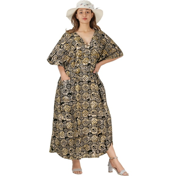 LA LEELA Women's Summer Batik Caftan Long Loungewear Dashiki House Dress with Pockets Sleepwear for Women Nightgown 1X-2X Mustard, Floral