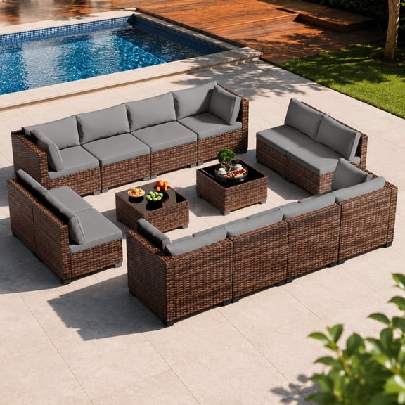 14 Piece Outdoor Patio Furniture Set, Noelse All-Weather Wicker Sectional Sofa with Cushions, 2 Tempered-Glass Tables, Modular Rattan Outdoor Seating for Patio, Deck, Backyard, Gray
