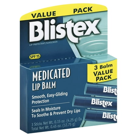 Blistex Medicated Lip Balm 3 Pack, Sun Protection SPF 15, Heals Dry and Chapped Lips, 3