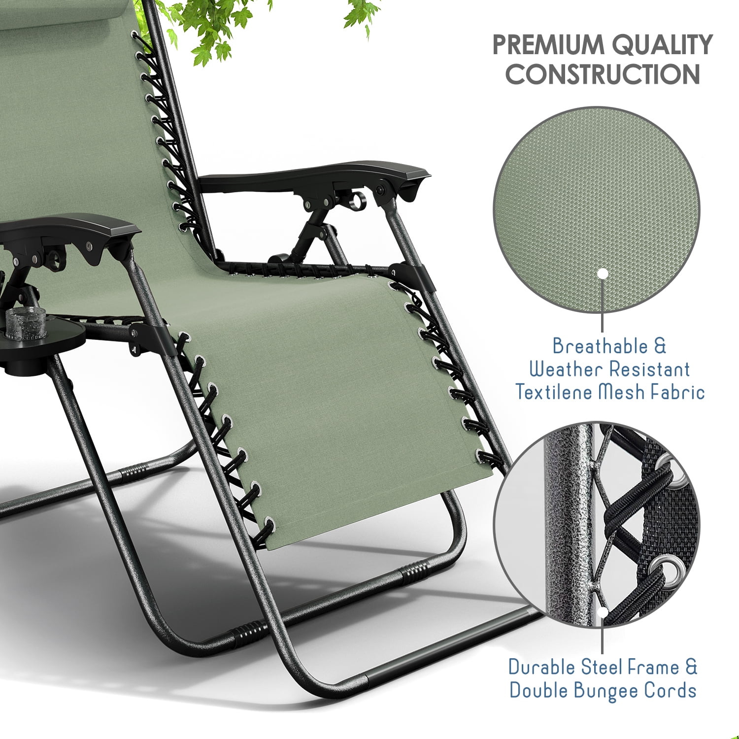 LammaLoe Zero Gravity Chair Set of 4, Outdoor Lounge Chairs with Cup Holder, Sage Green