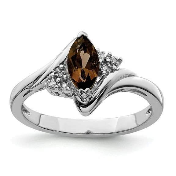 White Sterling Silver Ring Band Gemstone Smoky Quartz Marquise Diamond Round