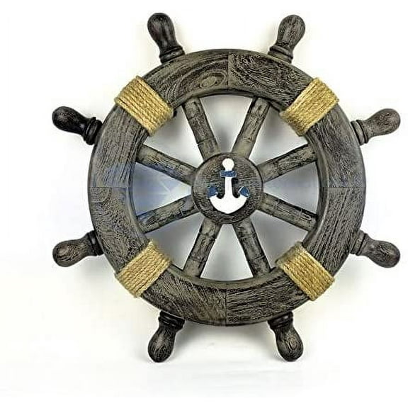 Nagina International Rustic Grey Nautical Vintage Themed Classic Wooden Ship Wheel With Anchor & Ropes | Ocean Beach House Home Decor (12 Inches)