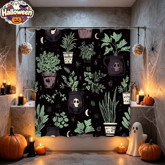 Halloween Shower Curtain, Spooky Witchy Plant Skull Print Waterproof Fabric Bath Curtain, Indoor Halloween Decorations, Bathroom Partition Curtain with Hooks for Home Halloween Bathroom Decor