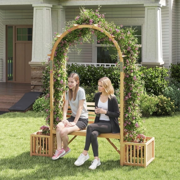 DRAZUNO Garden Arch with Flower Pots, Wooden Pergola Arch with Bench for 2 People, Outdoor Trellis for Climbing Plants, Decorative Arbor Arch for Patio, Natural