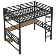 Euroco Metal Full Size Loft Bed with Desk and Shelves, Storage Gaming Bed with LED Light for Kids Teens
